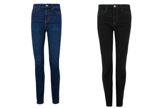 modré denim džíny s vysokým pasem za 1499 Kč a tmavé zeštíhlující za 1299 Kč